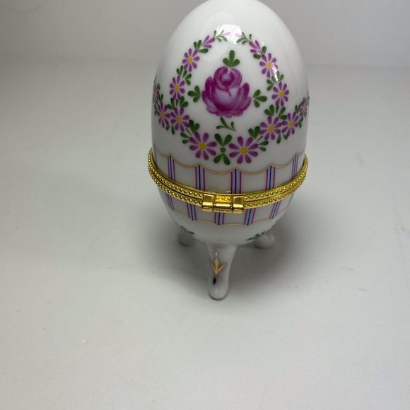Vintage Faberge Egg Style Pink Floral Porcelain Footed Trinket Box 4” Gold Trim - Picture 4 of 6